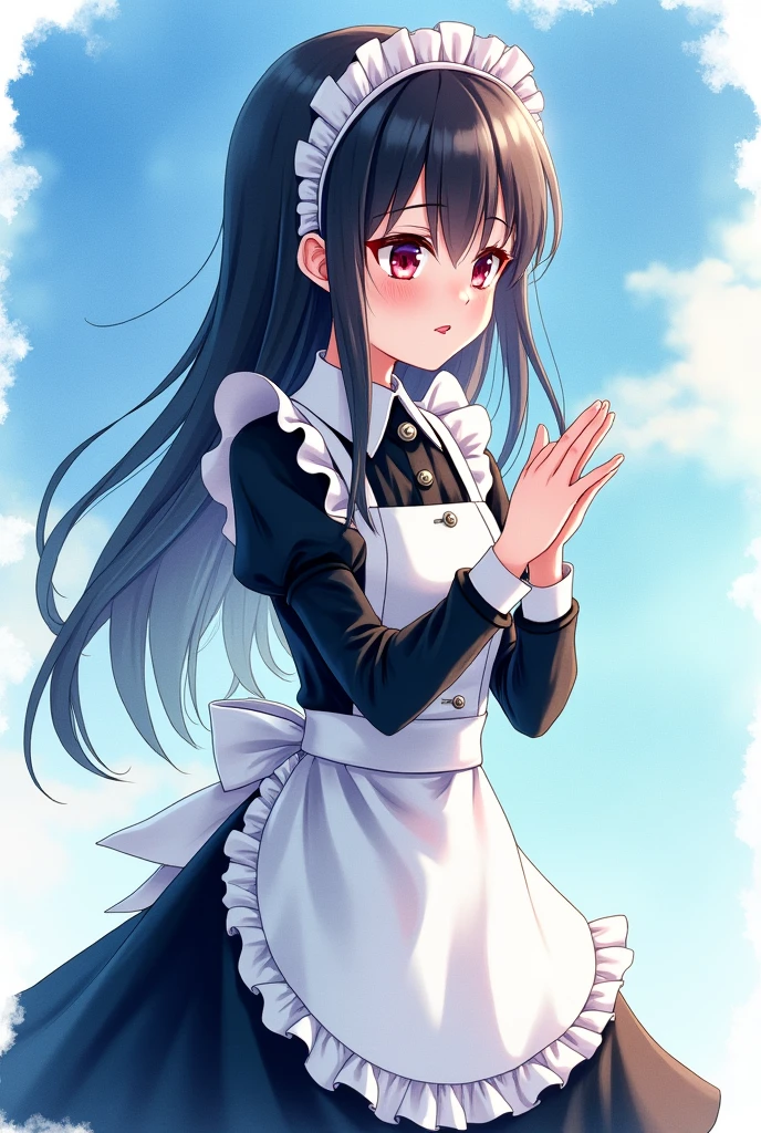 Delicate and elegant watercolors, ultra-precision illustrations, high definition, dynamic angles, beautiful details, 8k, beautiful and cute maid illustrations. She has been punished and apologized.She is apologizing, She is dressed in black gotholori-style maid clothes. The sunlight is shining on her, she has straight black hair. Made clothes that look very cute and attractive, delicate and carefully drawn illustrations. The background is blue sky and watercolor, with artistic and contemporary illustrations.
