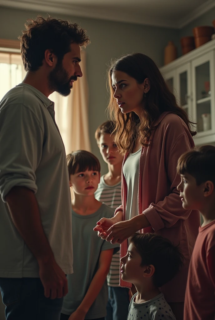 A man listening to his wife, the wife is very angry and the man looks sad and frustrated. Childrens are looking them and confused what to do. 