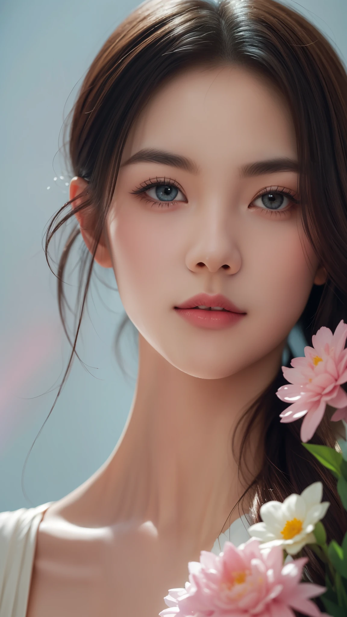 (masterpiece, best quality:1.2), solo, A stunning portrait close-up of a lady holding a bouquet of vibrant flowers, her kind and beautiful eyes gazing directly at the viewer. Rendered in exquisite detail with Schneider pastel inks, the soft and delicate strokes bring the image to life. The pastel colors add a touch of softness and the overall effect is simply breathtaking.