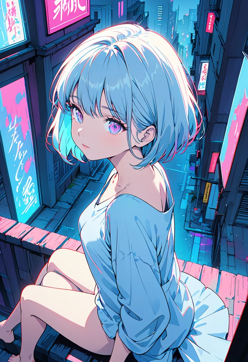 masterpiece,Highest quality,1 Synthwave style girl,Blue outline,Neon lit street,Blue fluorescent paint,alone,From above,Cowboy Shot,Sitting on the roof of a building,Highly detailed CG,Flat Color,Limited edition palette,No Line Art,silhouette,Partially colored,Alternative color,Dynamic Angle,Blue long top champagne,Purple Shadow,Synthwave,chromatic aberration,(alone focus),Perfect Shadow,Completely naked,Delicate face,,Beautiful and delicate eyes,Light blue hair,Short Bob Hair,Delicate background,Blue Neon Light,