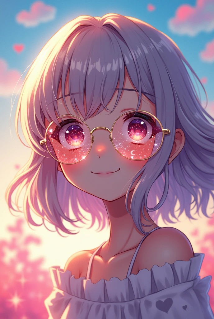The anime girl
is wearing glass sunglasses with stars and the moon on the glass