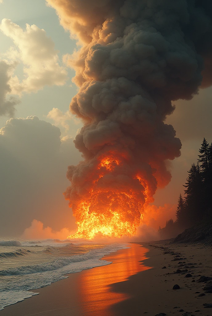 ((scientific credibility)), a asteroid impact on a Earth planet, the asteroid falls at an angle of 70 degrees, asteroid burns as it enters earth's atmosphere, asteroid smoke trail, apocalyptic and dramatic sci-fi scene, highly detailed, cinematic, dramatic lighting, volumetric clouds, debris field, fiery explosion, cinematic camera angle, concept art style, muted color palette, photorealistic, 8k, best quality, beach, forest