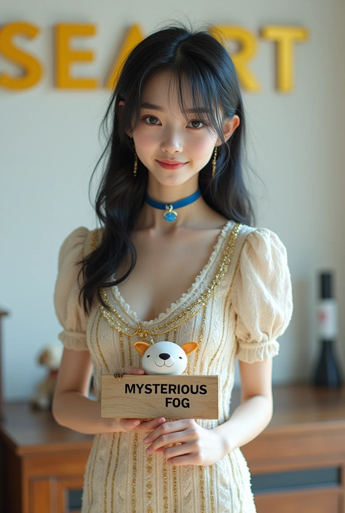 ((Cute cat, dog, monkey, pheasant, raccoon, panda, parakeet, and rabbit holding up a sign that says Mysterious Fog:1.3)), 28 years old. long, straight black hair, Slim face, Very thin and pale skin. She is wearing a beautiful Dior-style white light tweed dress with gold accents. On Stage "Rocket Launcher", She is wearing a gorgeous dress with a blue strap around her neck、 ((Giant Rocket Launcher:1.3)). She smiles as she speaks to the audience. Behind her、There is a white wall with a yellow Sea Art logo。. She has a good style. There seems to be an interesting and intelligent thought in her eyes. Her knowledge of AI technology to people from all walks of life々And her overall aura suggests that、Confidence and determination ooze from her。. That's how Sea Art speaks. She points ((Rocket Launcher:1.3)) In front of an audience.