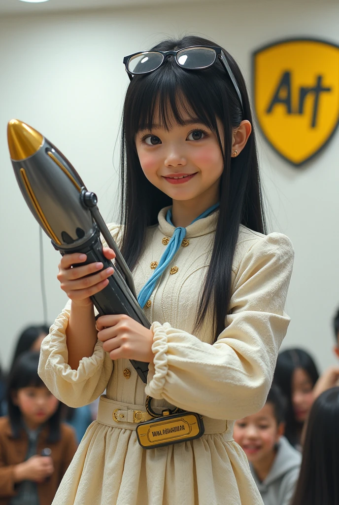 ((Cute cat, dog, monkey, pheasant, raccoon, panda, parakeet, and rabbit holding up a sign that says Mysterious Fog:1.3)), 28 years old. long, straight black hair, Slim face, Very thin and pale skin. She is wearing a beautiful Dior-style white light tweed dress with gold accents. On Stage "Rocket Launcher", She is wearing a gorgeous dress with a blue strap around her neck、 ((Giant Rocket Launcher:1.3)). She smiles as she speaks to the audience. Behind her、There is a white wall with a yellow Sea Art logo。. She has a good style. There seems to be an interesting and intelligent thought in her eyes. Her knowledge of AI technology to people from all walks of life々And her overall aura suggests that、Confidence and determination ooze from her。. That's how Sea Art speaks. She points ((Rocket Launcher:1.3)) In front of an audience.