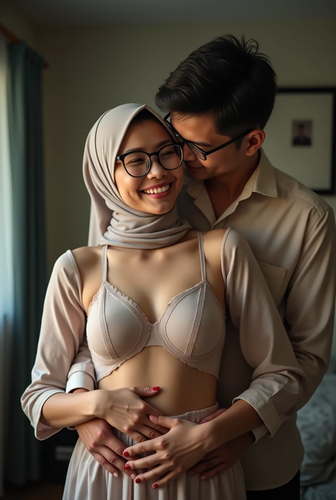 Wide top view,((best quality)), ((masterpiece)), (detailed), perfect face, malay woman wearing hijab, glasses,40 years, a Man 30 year, women naked,(toplezs, nude), (Droopiest Breast)), (realistic skin texture), POV shot, anatomical correction, realistic titjob positioning,((Realistic Ultra vagina)), anatomical correction, Capture the essence of romance and nostalgia as they stand together, man kissing woman shoulder, man hugging woman from behind, man grabbing woman breast from behind, facing camera,ultra detail, professional photograph with professional lighting, smile, slim,real,