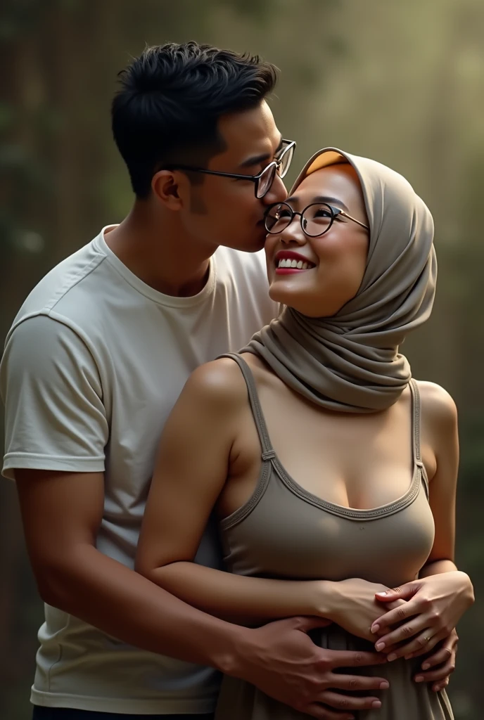 Wide top view,((best quality)), ((masterpiece)), (detailed), perfect face, malay woman wearing hijab, glasses,40 years, a Man 30 year, women naked,(toplezs, nude), (Droopiest Breast)), (realistic skin texture), POV shot, anatomical correction, realistic titjob positioning,((Realistic Ultra vagina)), anatomical correction, Capture the essence of romance and nostalgia as they stand together, man kissing woman shoulder, man hugging woman from behind, man grabbing woman breast from behind, facing camera,ultra detail, professional photograph with professional lighting, smile, slim,real,