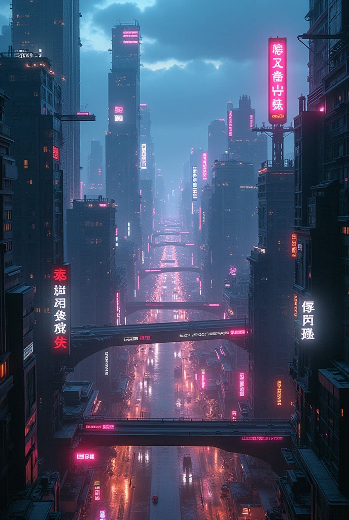 A city from the air in Cyberpunk style, highlighting the neon and making it nighttime 