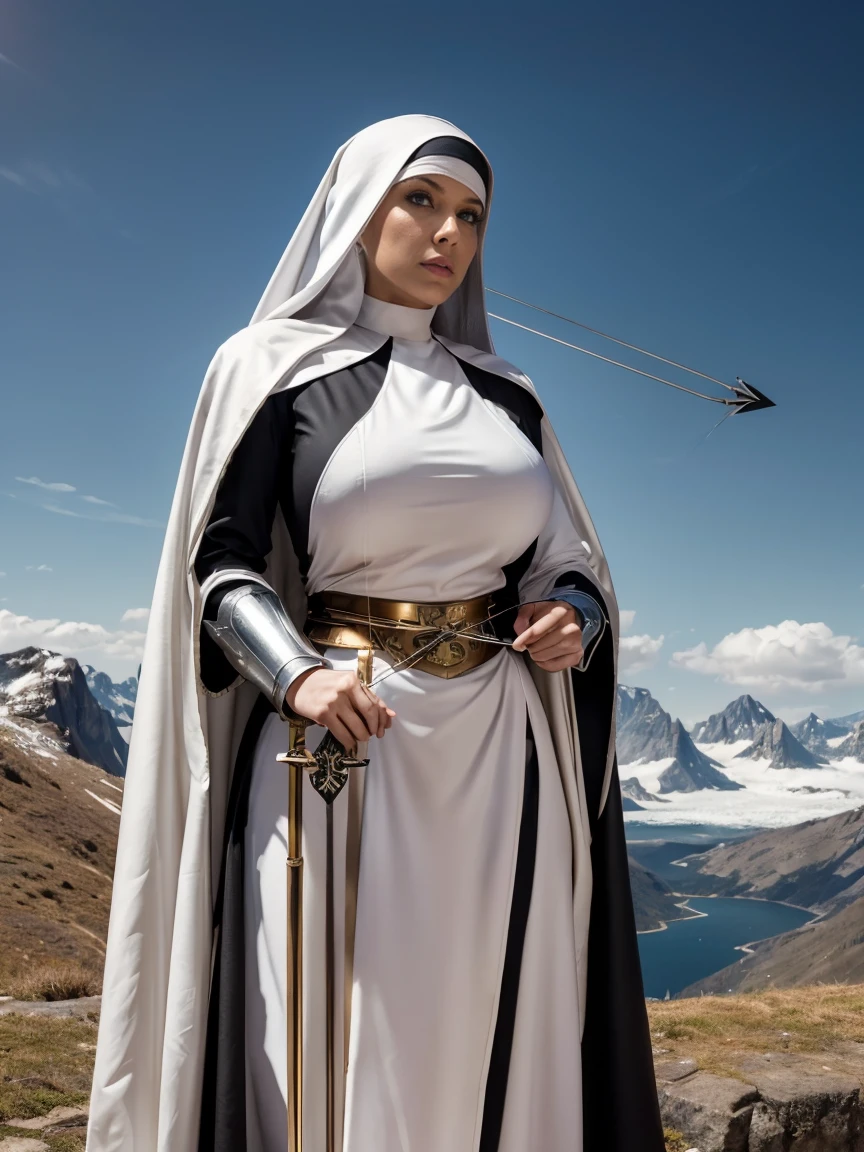 (masterpiece, top quality, best quality, official art, beautiful and aesthetic:1.2), (1girl:1.3), ((Sharp facial features, sharp features, hawkish features)), ((grey eyes)), busty paladin knight girl, extremely detailed, portrait, looking at viewer, solo, (full body:0.6), detailed background, full-body shot, (cold mountain nighttime glacier theme:1.1), holy knight, (nun), charlatan, smirk, mysterious, swaying in mountains, armor, polished metal, gold trim, long boots, white fabric, pelvic curtain, robe, pale leather, ((((nun, crossbow, heavy armor, armored, long legs, robes, prayer scrolls, toned, muscular)))), slim waist, slim hips, long legs, medieval (mountain exterior:1.1) background, dark mysterious lighting, shadows, magical atmosphere, dutch angle