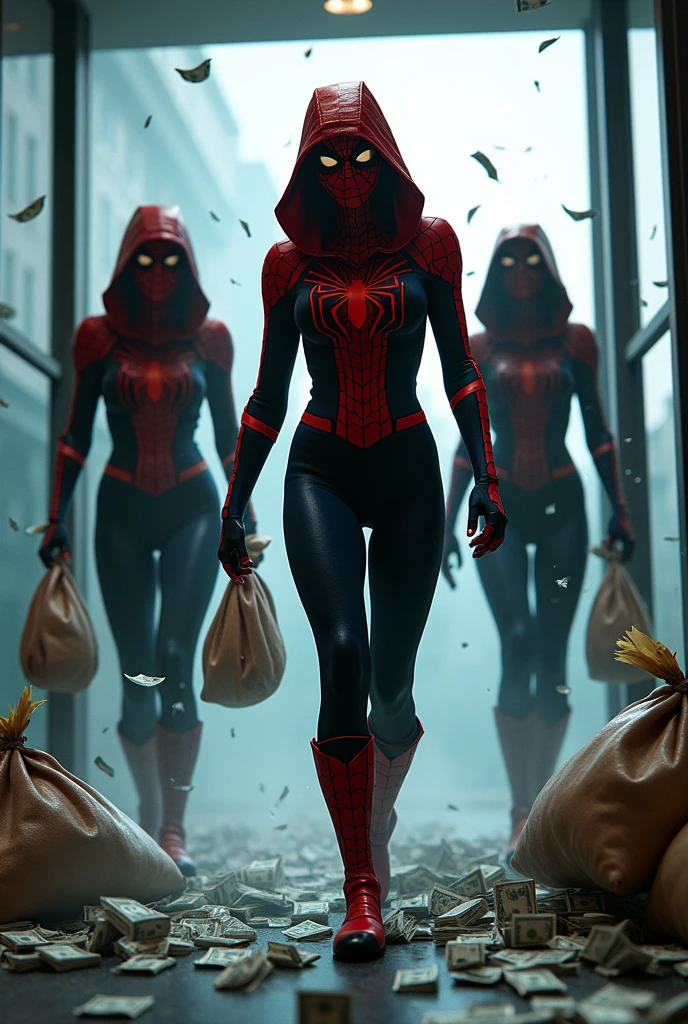 3 famme qui porte une tenue de spider gew avec le masque qui font un braquage dans une banque qui brise la vitrine pour ramener argent et le mettre dans un sac