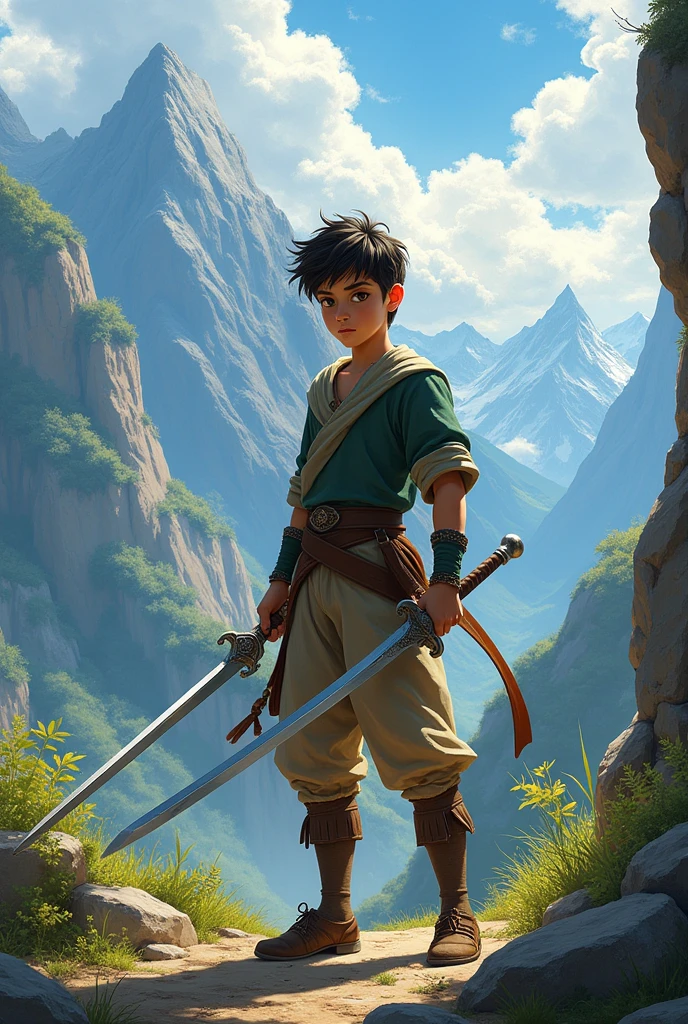 A  age boy with a sord in mountain view 