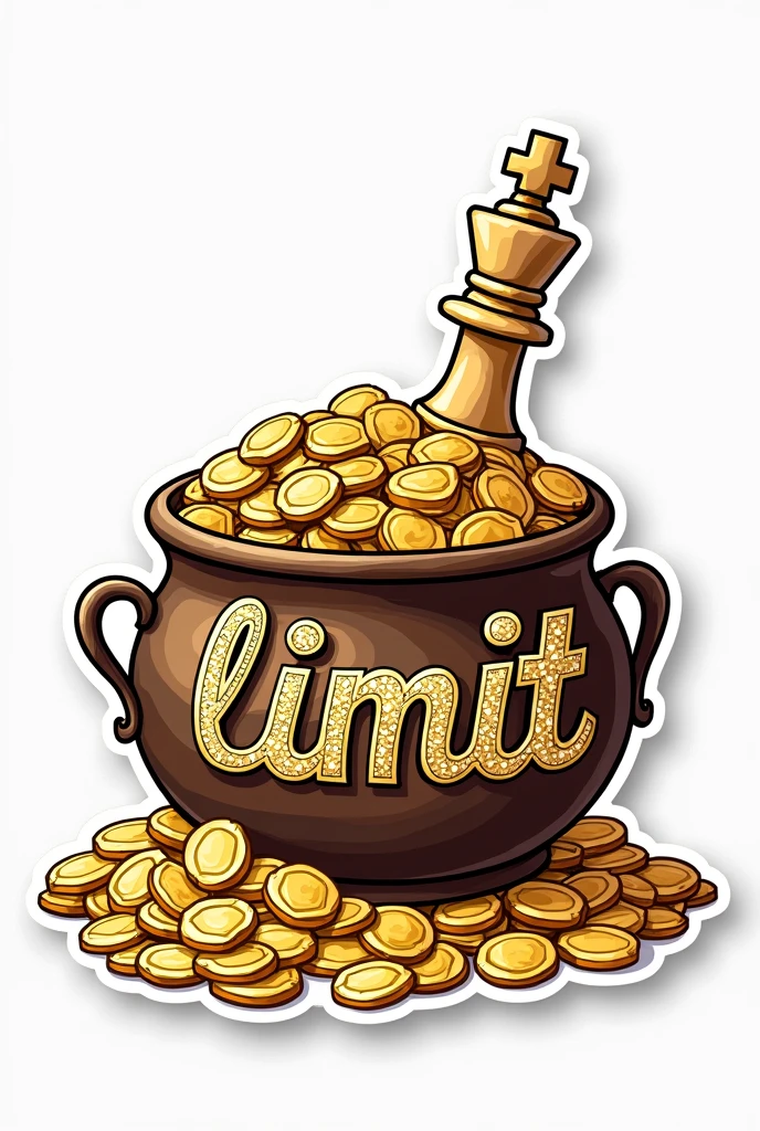 drawn drawing, Sticker,  gold coins in a pot, money, Next to the chess piece queen, on the pot, the word "limit" adorned with jewels and beautiful stones