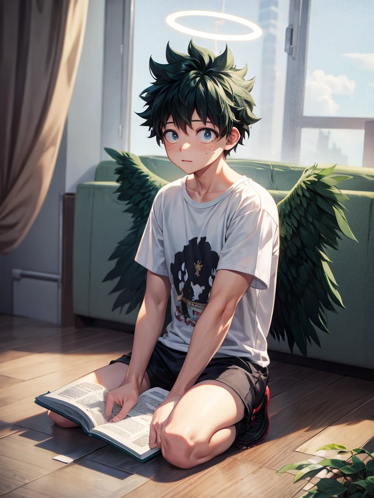 Izuku Midoriya, sitting, reading bible, white t shirt, dark gray shorts, angel wings, solo, halo, angular wings