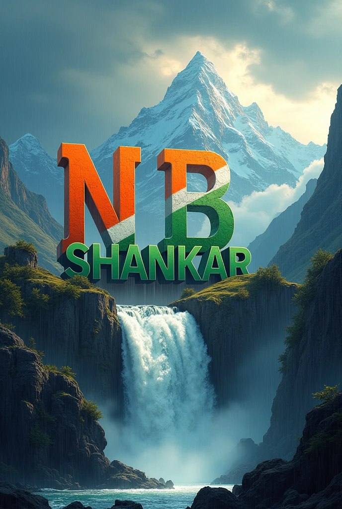 rounded Template, Indian flag colored "N B Shankar" letters, falls, mountains, rain fall, thundering, Flying Indian Flag