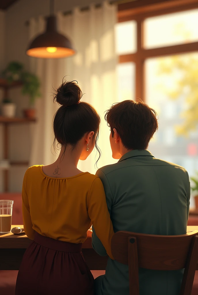 A backside view of a man and a woman sitting in a coffee shop. The woman is wearing a yellow top and her hair is tied up in a ponytail style. a little bit space for typing a story