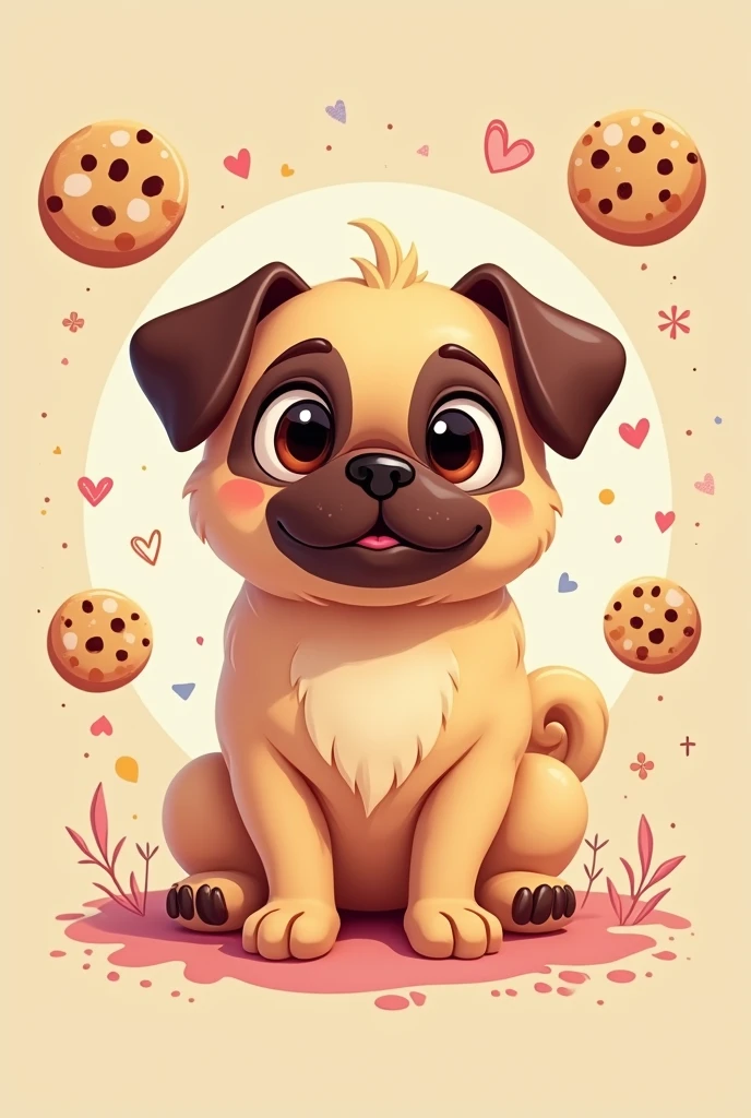 Create a 2D animated logo with a female pug dog that is colorful to promote a cookie business.