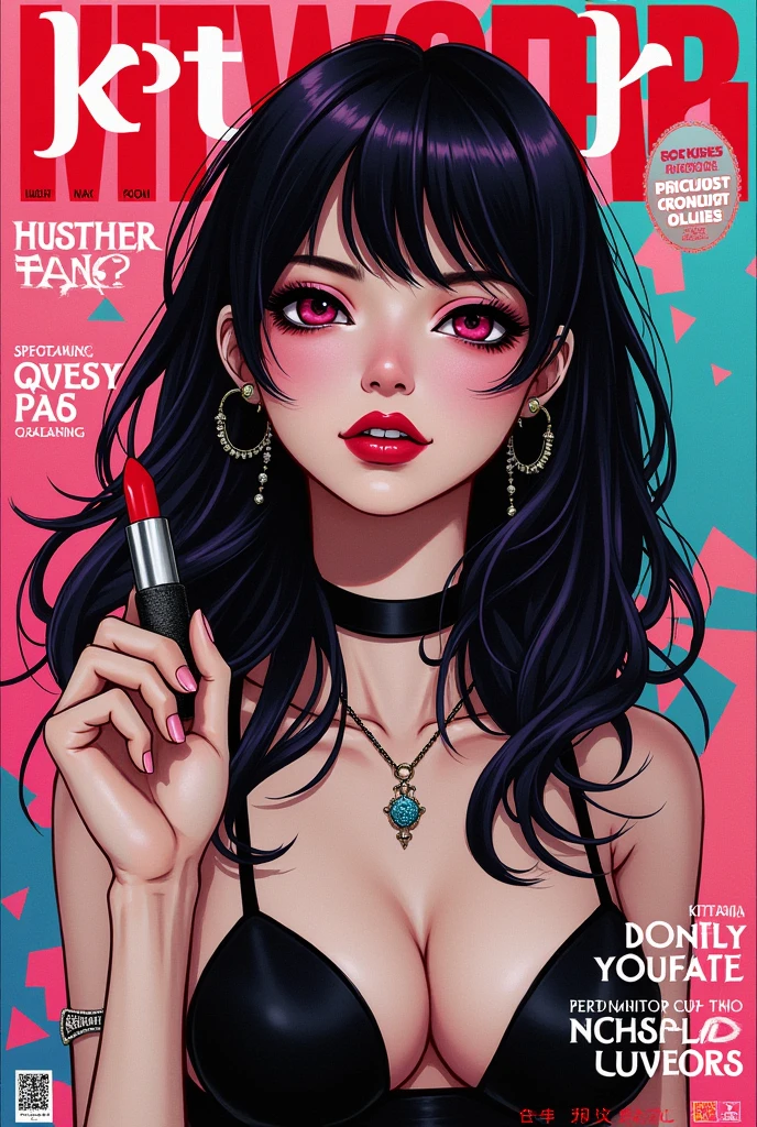 Artwork. high quality. Couverture de magazine représentant Kittana avec diverses inscriptions. cover art. Bulle. Kittana with a lipstick in hand 