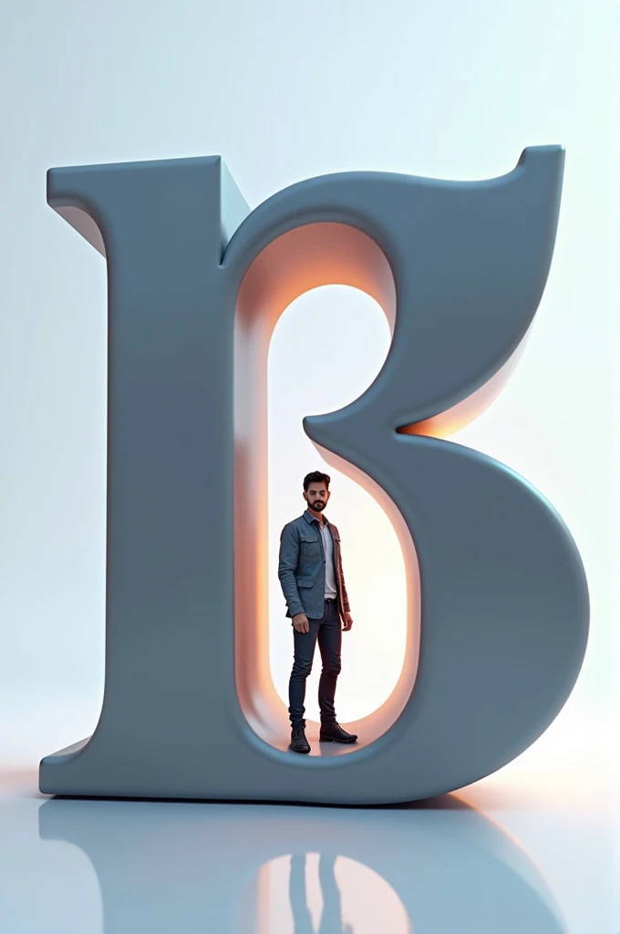 Create an image featuring a large, glossy, "M+P" 3D letter in the foreground with a boy leaning casually against it. The person should be dressed in stylish, monochromatic clothing and have a confident pose. The background should ha a dark gradient to been the focus on the