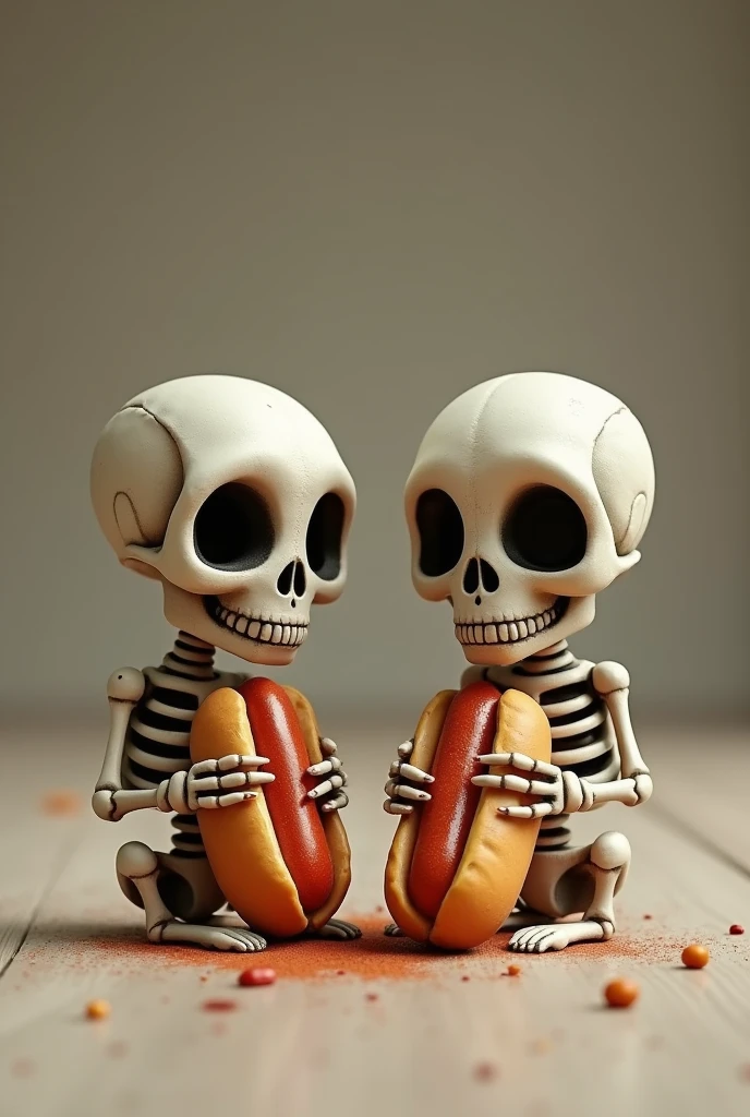Two little skulls sitting eating hotdogs