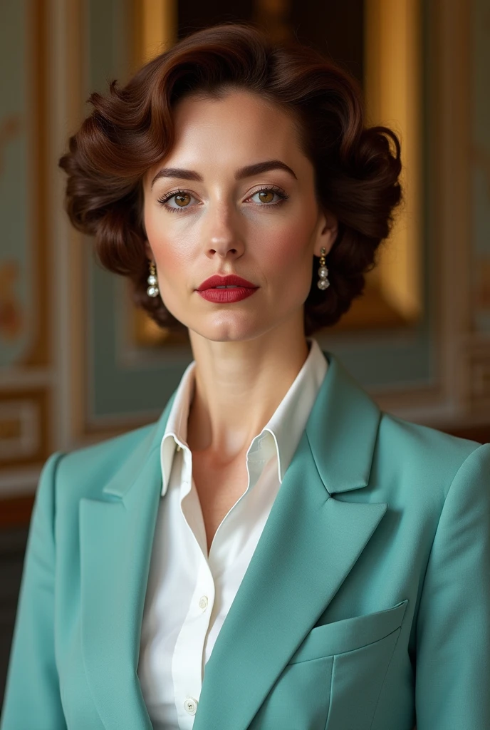 Irene Adler,Brown-haired,Realistic style,Photography,Half short hair,curls,Brown eyes,Citrine earrings,Serious,modernization,Healthy body shape,august,37 years old,White,Teal skirt suit,Close your mouth,Red lips,In Buckingham Palace,Royal clothes
