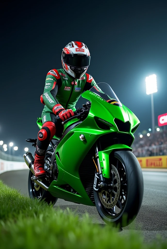 ((best quality)), ((masterpiece)), (detailed), 1man, superbikes rider sitting and leans on his bike, wearing racer wearpack, ninja motorcycle type 150R 2strokes(green metalic), low angle camera, at nights, race helmet motif, red white corner line, green grass, lightings, podium and billboard, realistics and detailed vision.