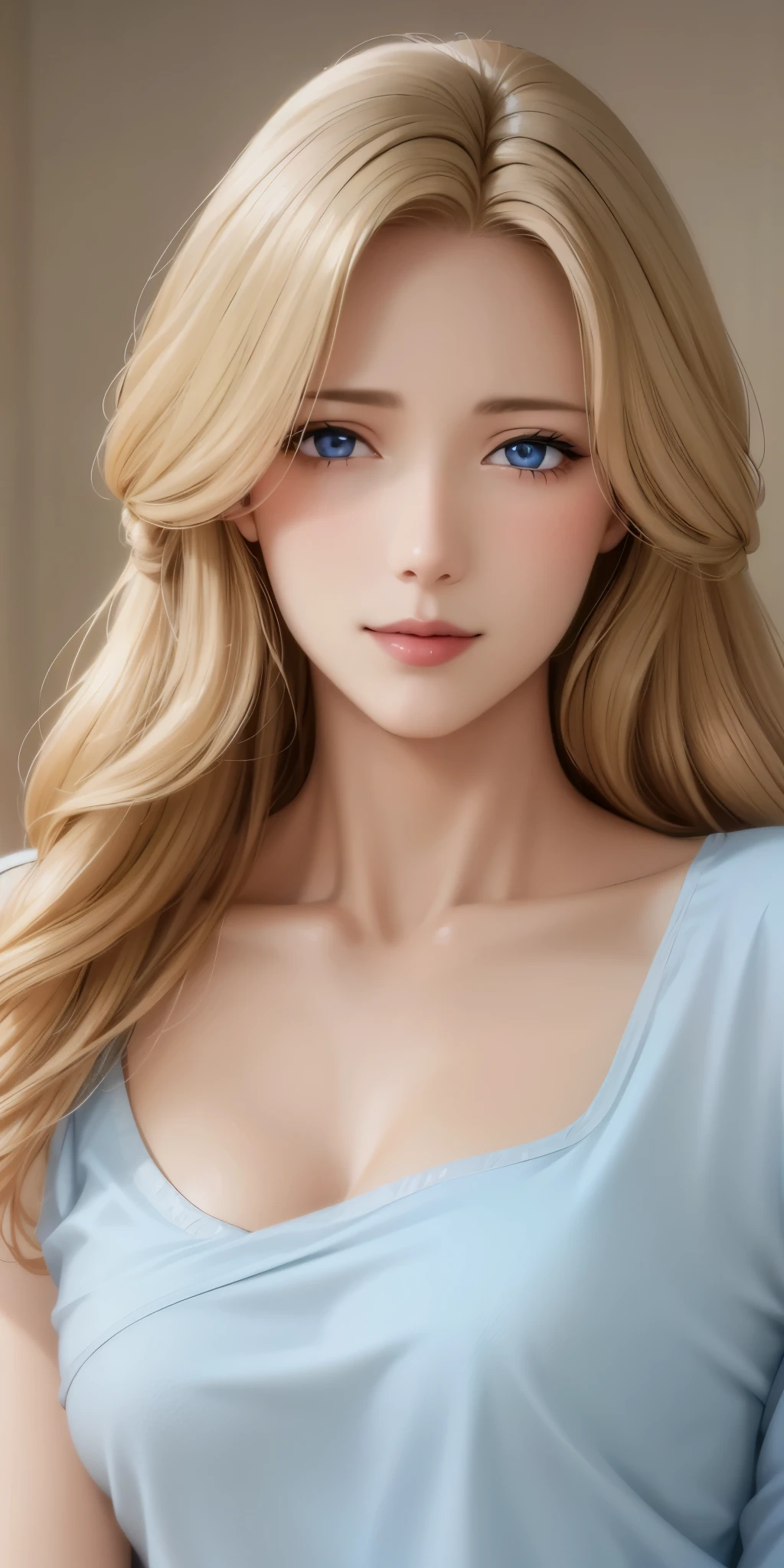 Elegant mature female, milf, blonde hair, blue eyes, soft light, high quality, high detailed, 4k resolution, beautiful cg