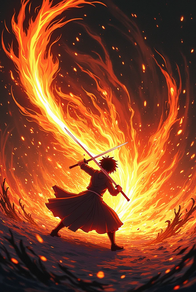 ((Best Quality)), ((masterpiece)), ((detailed)), ((High Definition)), an aura of sword slashes in anime style, to-do color fire, with the black silhouette of a simple person in the center, dynamic movement, fighting pose, dance of the flaming sword of purgatory. With a black background.