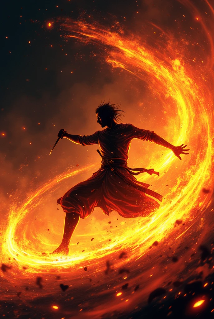 ((Best Quality)), ((masterpiece)), ((detailed)), ((High Definition)), an aura of sword slashes in anime style, to-do color fire, with the black silhouette of a simple person in the center, dynamic movement, fighting pose, dance of the flaming sword of purgatory. With a black background.