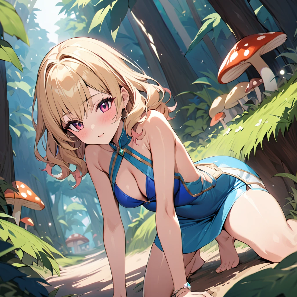 Princess Peach a mushroom forest bending down to pick mushrooms from the ground. wearing a short dress, tight dress, long wavy blonde hair, seductive body. Detailed body, detailed clothing, well-defined beach. masterpiece, vivid colors.