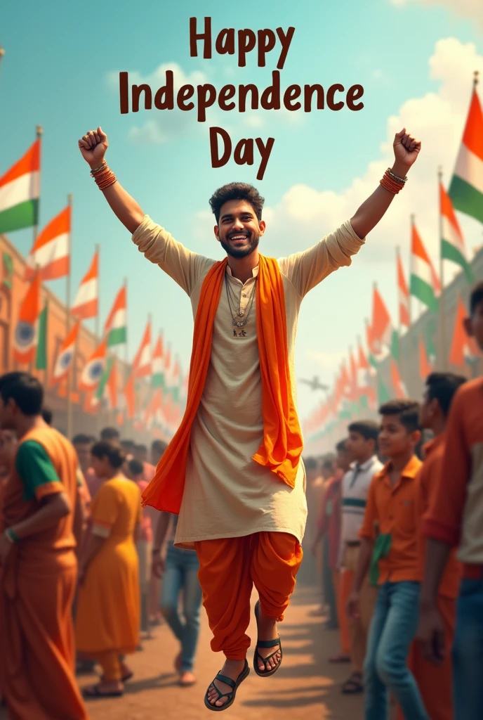 Generate a real-life image of a 21-year-old (boy) joyfully celebrating Indian Independence Day. The individual is dressed in traditional Indian attire with the name 'B.Sai' prominently displayed on their clothing. The sky above them features the words 'Happy Independence Day' in a bold font. The background is alive with a crowd of people celebrating, creating a vibrant and patriotic atmosphere."