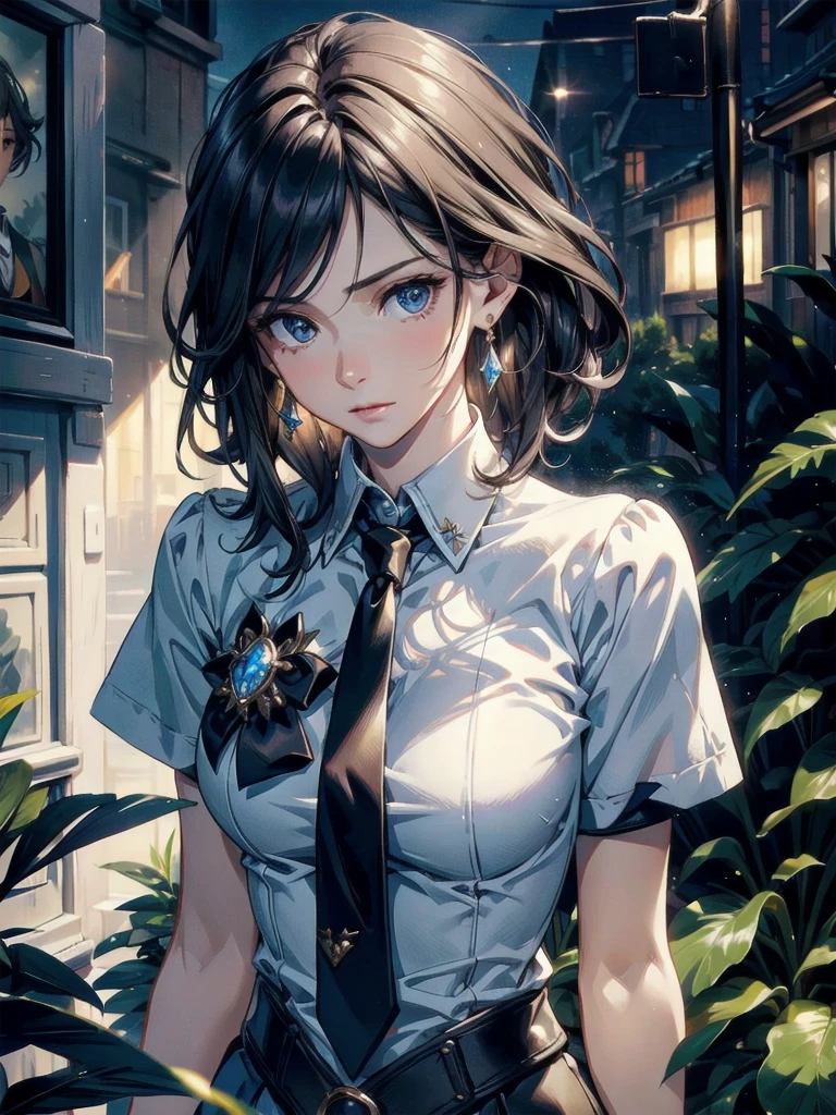 absurdres, RAW photo, extremely delicate and beautiful, masterpiece, Best Quality, ultra high resolution, 32k, hyper realistic, ultra-detailed, Very detailed CG 8k wallpaper, detailed background, landscape, Beautiful Lighting, Perfect Lightning, Realistic Shadows, perfect ???????, anatomically correct, ideal ratio body proportions, perfect figure, Perfect Style, Perfect balance, super Detailed skin, in her 30s, very Slim body, narrow waist, very small head, very small face, delicate facial features, handsome detailed woman, very detailed eyes and face, realistic face proportions, Realistic beautiful face, Realistic beautiful eyes, tearful mole, earring, very huge round tits, medium short hair, asymmetrical hair, wavy hair, outdoor, school_uniform, accessories, tie,