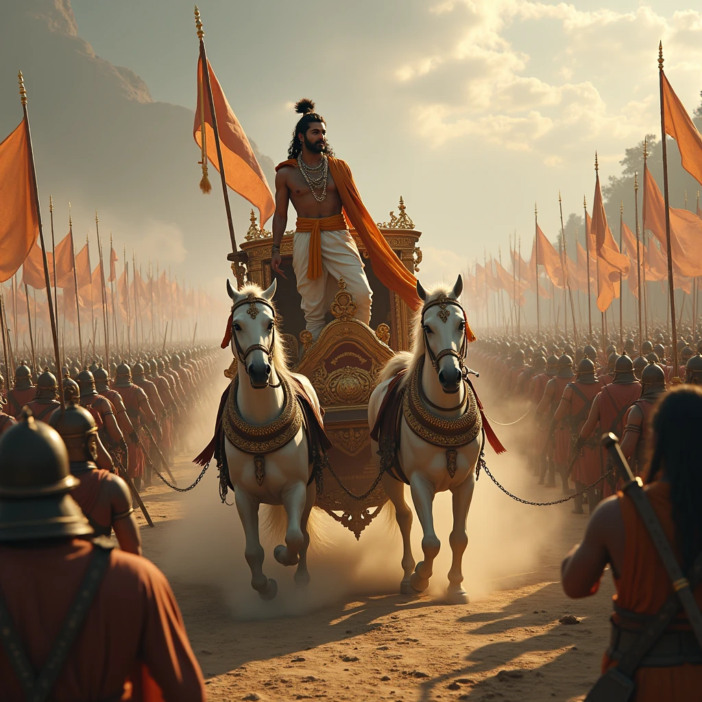 Create an image of the battlefield from the Mahabharata, where Krishna, referred to as Hrishikesha, is calmly guiding Arjuna’s majestic chariot to the center between the two massive armies. The chariot is grand and adorned with intricate details, drawn by white horses. Arjuna, known as Gudakesha, stands with determination as Krishna positions the chariot. Surrounding them, the vast armies of the Pandavas and Kauravas are arrayed on either side, with soldiers, banners, and weapons ready for battle. The scene should capture the tension and anticipation of the moment, emphasizing the central position of the chariot and the contrast between the calmness of Krishna and the intensity of Arjuna.