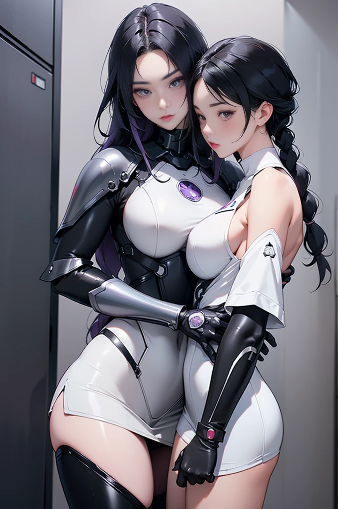 ((Masterpiece, top quality, high resolution)), ((highly detailed CG unified 8K wallpaper)), (huge stunning goddess shot, very hot and sexy, jaw-dropping beauty, perfect proportions, beautiful body, slim body beauty:1.1), cryptic girl, (2 Girls ,Black clothes, White clothes, Black short Hair, purple long hair, fight side by side), (A girl with long purple hair in a braid and short black hair), biomechanical oppai, cybersuits, wearing shiny breastplate, shiny plastic armor, oppai cyberpunk, twintails white_gloves, shiny hi tech armor, black-white skintight suits, wearing techwear and armor, black shiny armor, Armor on bare skin, long gloves, Bare shoulders, black miniskirt, thighs, shiny armor, dynamic pose. two girls hugging in locker room, intimate, fingering eachother, no underwear