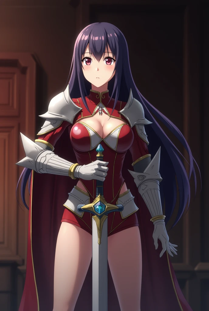 Anime character with sword and armor standing in a room, Anime movie screenshots, グロAnime screenshots, 2012年のAnime screenshots, Albedo from the anime Overlord, Cel-shaded anime, Bikini Armor, Anime screenshots, In anime movies, SAO-style anime, Tear from Overlord, She has a sword, Completely naked、nsfw, be humiliated