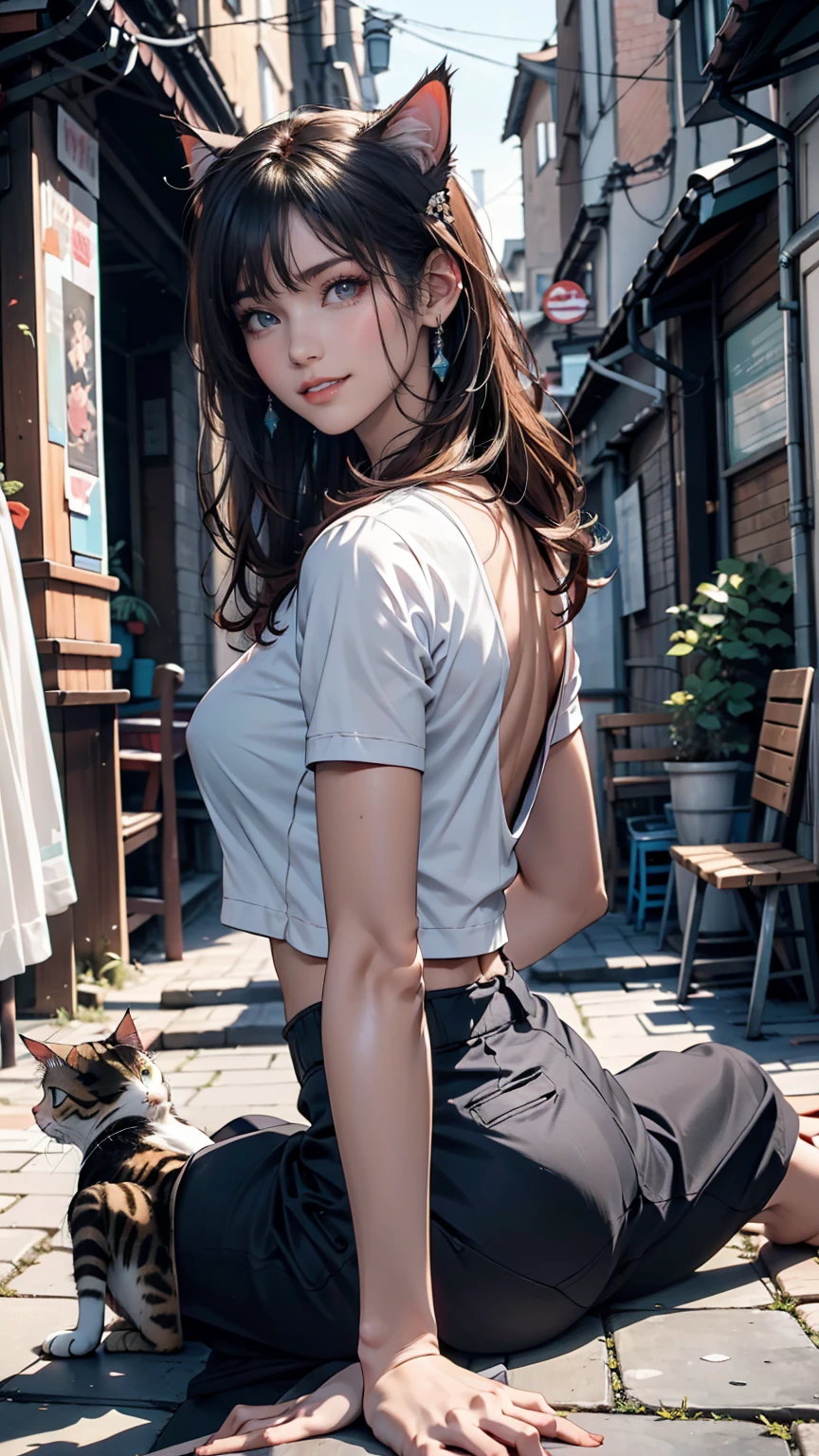 Highest quality, High resolution, Clear image, (many (detailed) a bit cats) And one girl:1.3), Focus on the cat, a bit (detailed) Cats around a girl,The background is a back alley, detailedな日光, Sitting, Audience staring at, Front view, (猫Audience staring at:1.2), Sitting on the floor grasping knees, (Happy:1.3) , (kitten)