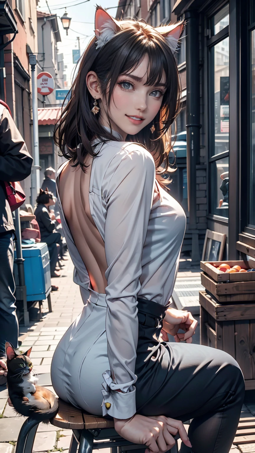 Highest quality, High resolution, Clear image, (many (detailed) a bit cats) And one girl:1.3), Focus on the cat, a bit (detailed) Cats around a girl,The background is a back alley, detailedな日光, Sitting, Audience staring at, Front view, (猫Audience staring at:1.2), Sitting on the floor grasping knees, (Happy:1.3) , (kitten)