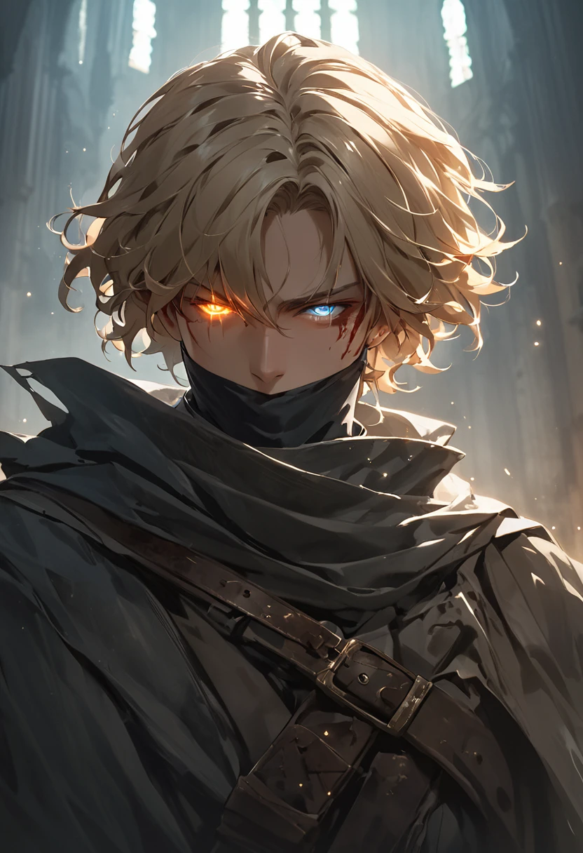 masterpiece, expressive eyes, perfect face, best quality, 1boy, male focus, solo focus, Adult, Fighter, Echo Knight, light blue eyes, tanned skin, cropped hair, clean hair, wavy hair, ash blonde hair, Hunter, Celestial, Church belfry, fingerless gloves, bloodborne, glowing eyes
