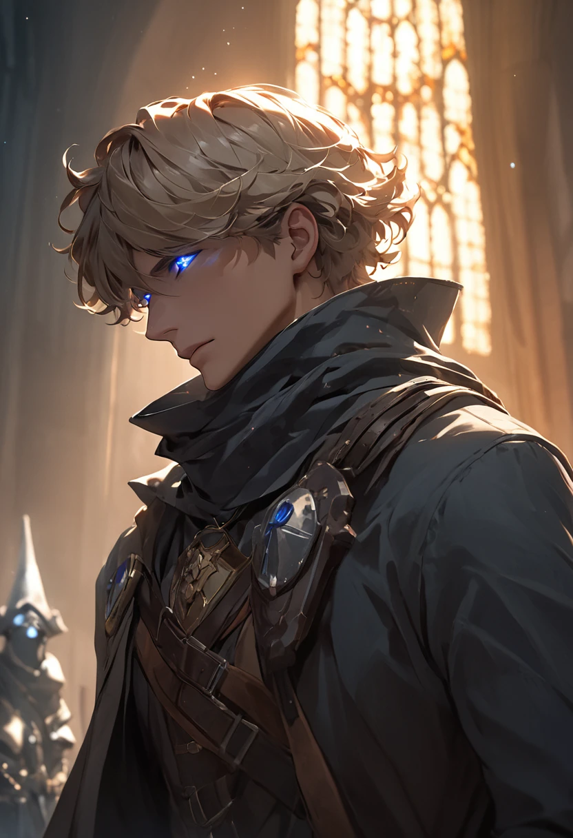 masterpiece, expressive eyes, perfect face, best quality, 1boy, male focus, solo focus, Adult, Fighter, Echo Knight, light blue eyes, tanned skin, cropped hair, clean hair, wavy hair, ash blonde hair, Hunter, Celestial, Church belfry, fingerless gloves, bloodborne, glowing eyes
