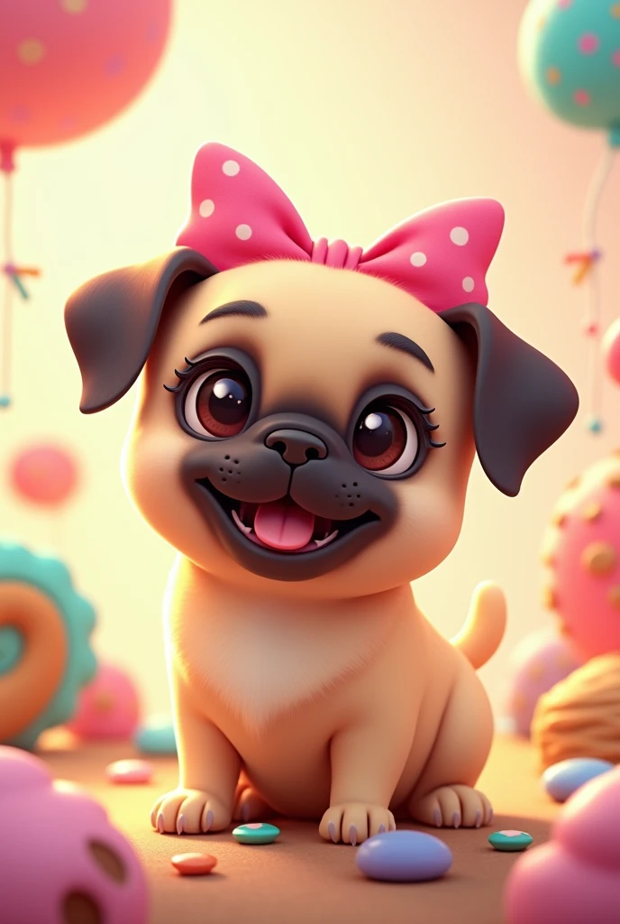 Create a colorful 2d animated female pug dog logo to promote a cookie business that is female and cute with pink bows 