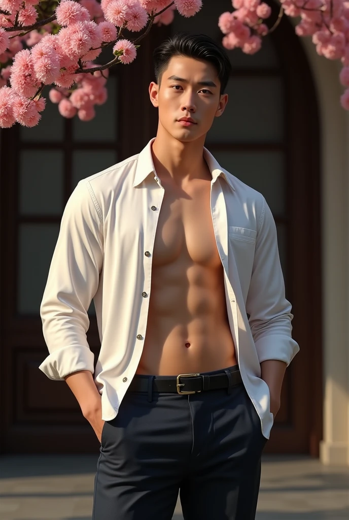 (photorealism:1.2)chinese gentleman,a handsome lawyer,  open chest shirt, showing off body, toned abs and full chest,show off panty waistbandstanding before the door, burflower tree in hand,