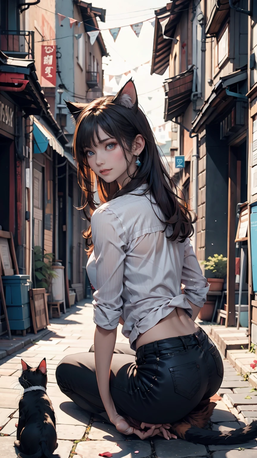 Highest quality, High resolution, Clear image, (many (detailed) a bit cats) And one girl:1.3), Focus on the cat, a bit (detailed) Cats around a girl,The background is a back alley, detailedな日光, Sitting, Audience staring at, Front view, (猫Audience staring at:1.2), Sitting on the floor grasping knees, (Happy:1.3) , (kitten)