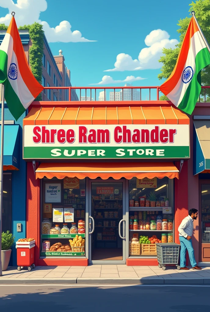 Make a grocery store and put indian flags on both sides of its board and write shree ram chander super store on that board
