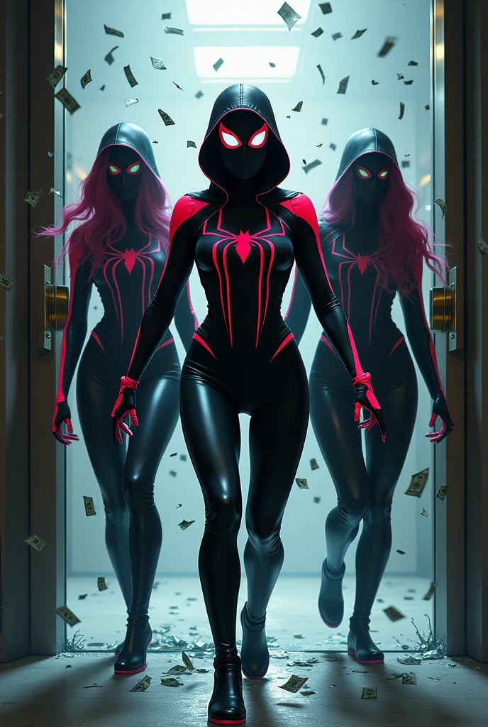 3 famme qui porte une tenue de spider gew avec le masque qui font un braquage dans une banque qui brise la vitrine pour ramener argent