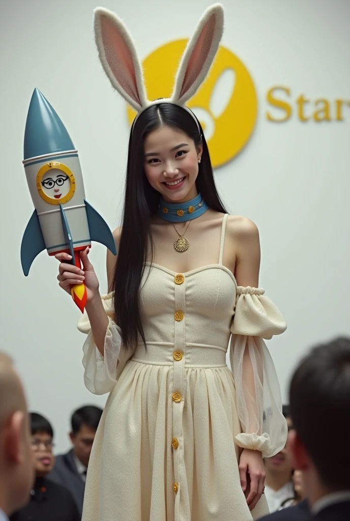 ((Cute cat, dog, monkey, pheasant, raccoon, panda, parakeet, and rabbit holding up a sign that says Mysterious Fog:1.3)), 28 years old. long, straight black hair, Slim face, Very thin and pale skin. She is wearing a beautiful Dior-style white light tweed dress with gold accents. On Stage "Rocket Launcher", She is wearing a gorgeous dress with a blue strap around her neck、 ((Giant Rocket Launcher:1.3)). She smiles as she speaks to the audience. Behind her、There is a white wall with a yellow Sea Art logo。. She has a good style. There seems to be an interesting and intelligent thought in her eyes. Her knowledge of AI technology to people from all walks of life々And her overall aura suggests that、Confidence and determination ooze from her。. That's how Sea Art speaks. She points ((Rocket Launcher:1.3))、 Cute cat, dog, monkey, pheasant, raccoon, panda, parakeet, and in front of the rabbit audience.