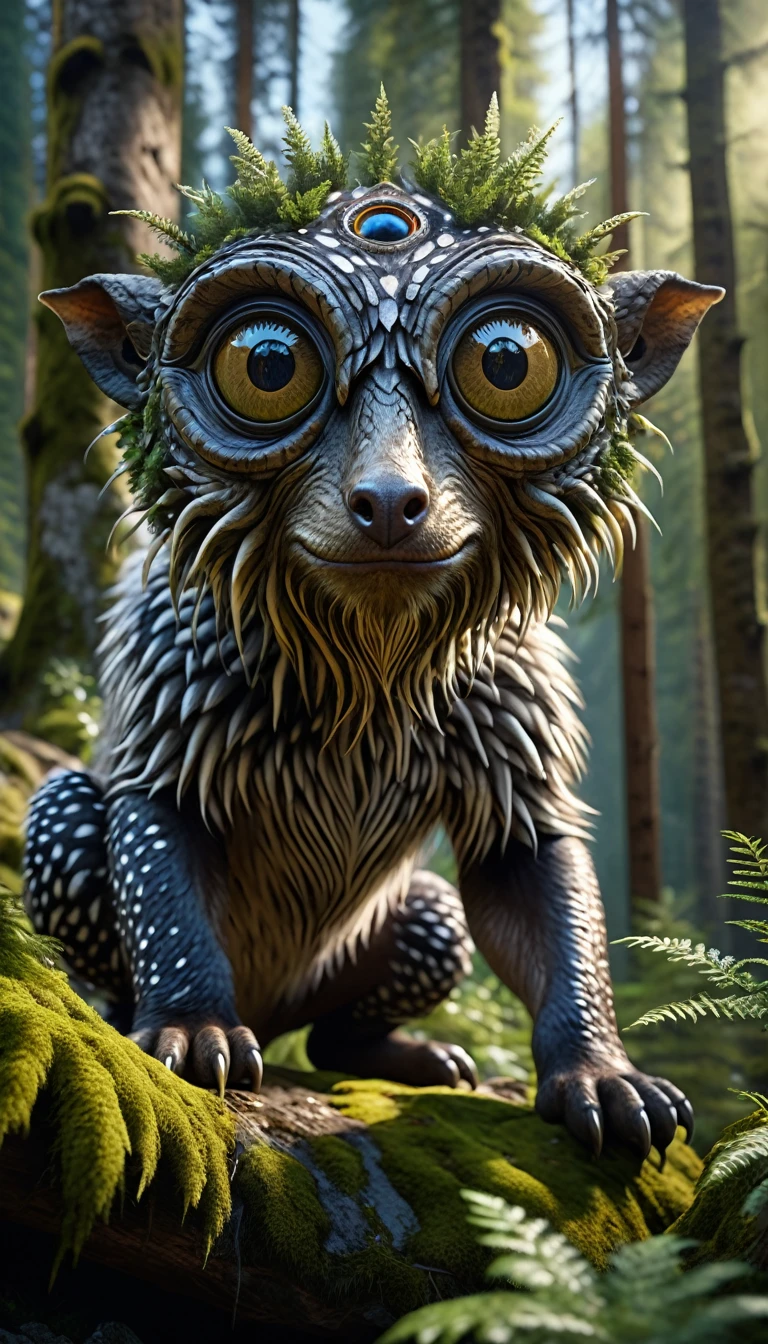 Panorama,In the mountains and forests,A creature with a human face and four eyes(best quality,4K,8k,High level,masterpiece:1.2),Ultra Detailed,(lifelike,Photo real,Photo real:1.37),Highly detailed animals,Complex patterns,Realistic lighting