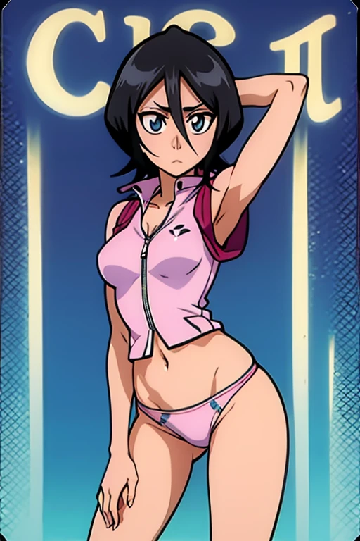 tennis girl's massive nipples out of topless open front duster vest out bare and wet pants spreading her legs, gloved hands hidden behind head, blindfold