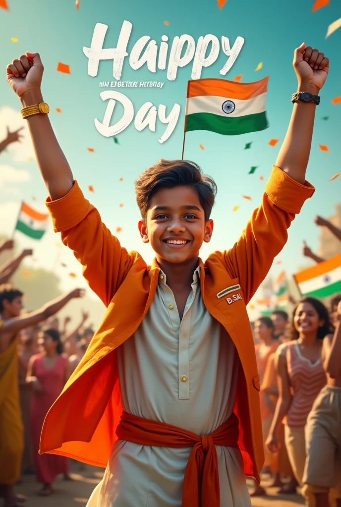 Generate a real-life image of a 18-Year-old (boy) joyfully celebrating Indian Independence Day. The individual is dressed in traditional Indian attire with the name 'B.Sai' prominently displayed on their clothing. The sky above them features the words 'Happy Independence Day' in a bold font. The background is alive with a crowd of people celebrating, creating a vibrant and patriotic atmosphere." 