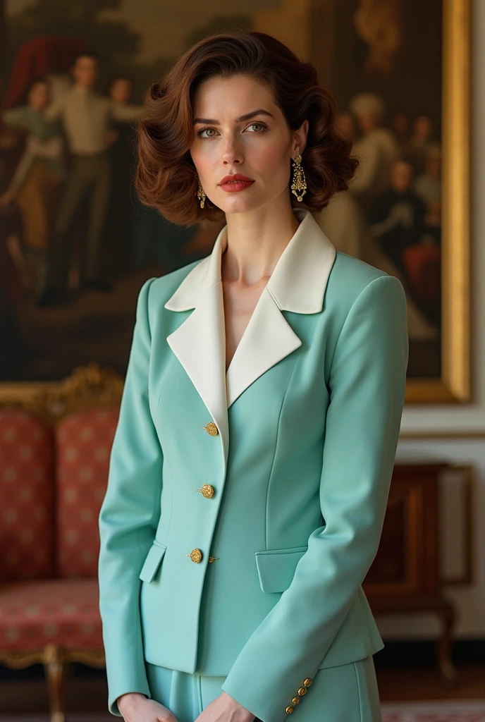 Irene Adler,Brown-haired,Realistic style,Photography,Half short hair,curls,Brown eyes,Citrine earrings,Serious,modernization,Healthy body shape,august,37 years old,White,Teal skirt suit,Close your mouth,Red lips,In Buckingham Palace,Royal clothes,White skin