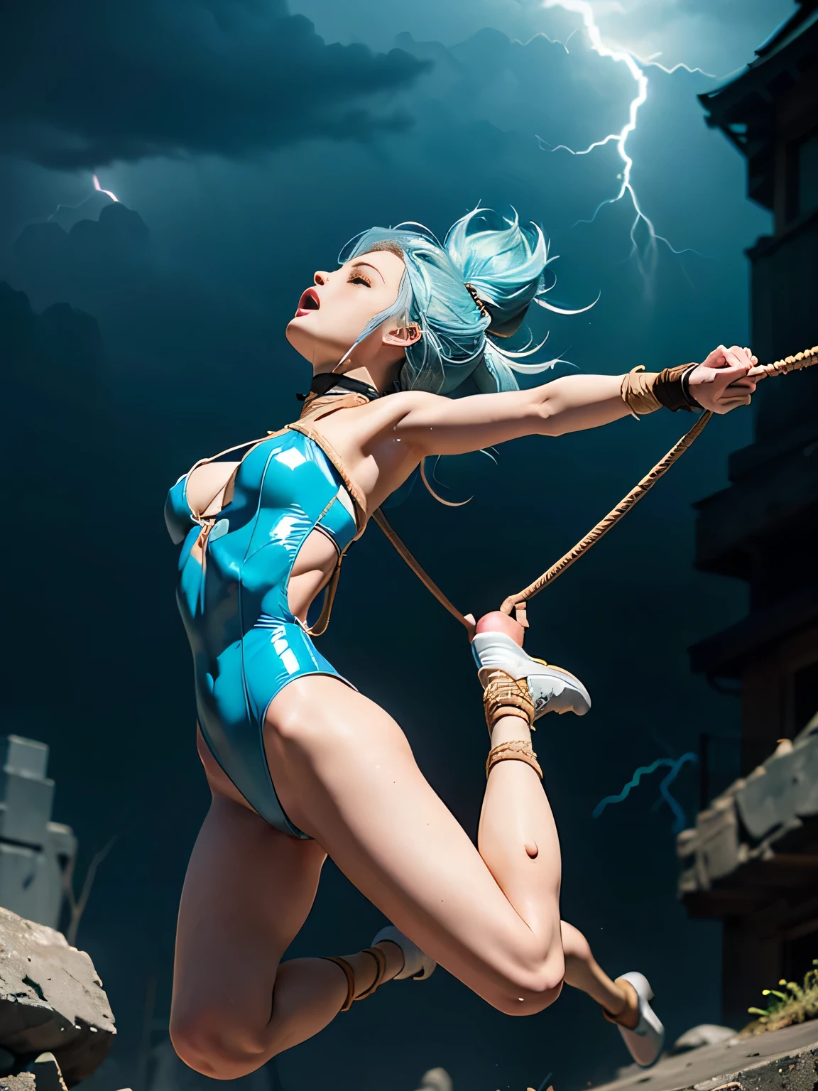 superheroine, long long gorgeous light blue hair, ((rough rope wrapped around body, tighten up)), latex, leotard, skyblue and white costume, captured, shibari, static restrained, ((arms behind back)), chained, rope bind,collared, cruelly, painful, helpless, humiliating, regrettable, being whipped,((screaming in pain)), falling body, eyes closed, running away, ((directly strucked by lightning)), lean back, body lying down, body fall down, floating in air, full body shot, in alien land, bondage
