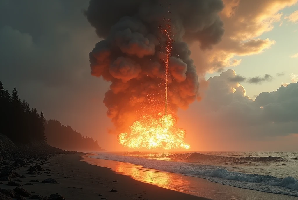 ((scientific credibility)), a asteroid impact on a Earth planet, the asteroid falls at an angle of 70 degrees, asteroid burns as it enters earth's atmosphere, asteroid smoke trail, apocalyptic and dramatic scene, highly detailed, cinematic, dramatic lighting, volumetric clouds, fiery explosion, cinematic camera angle, muted color palette, photorealistic, 8k, best quality, beach, forest