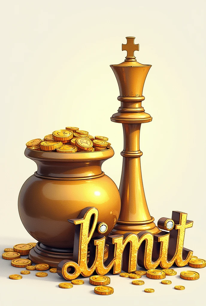 drawn drawing, Sticker,  gold coins in a pot, money, Next to the chess piece queen, on the pot, the word "limit" adorned with jewels and beautiful stones